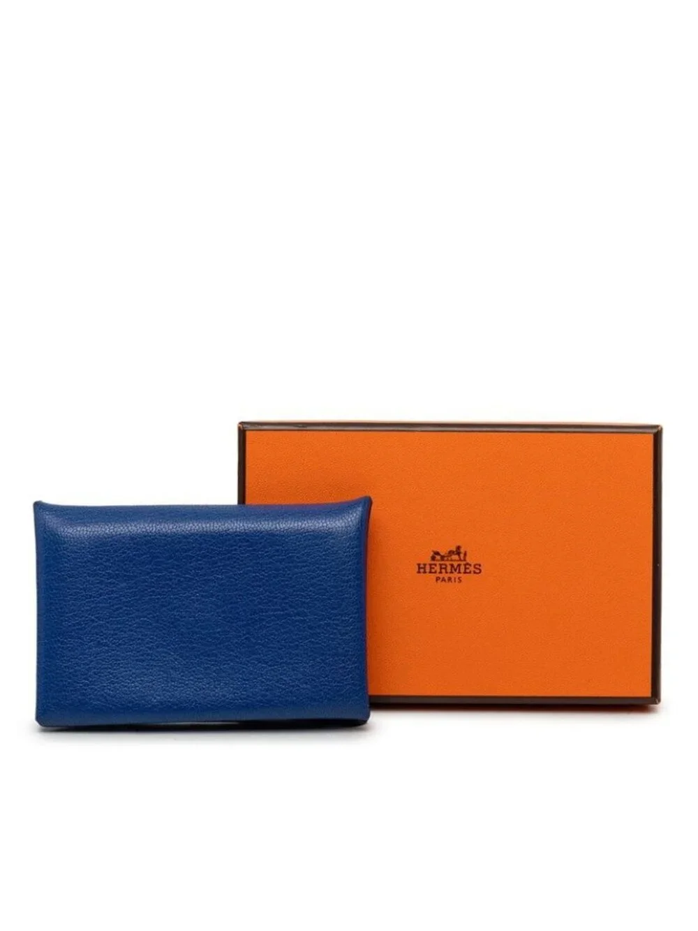 Hermes Calvi Card Case Business Holder Blue Chevre